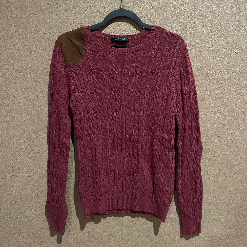 EXCLUSIVE Lauren Ralph Lauren Pink Cable Knit Sweater Suede Shoulder Patch